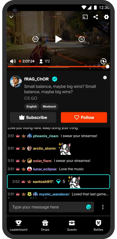 Loco app livestream screen, redesigned, with final style guide applied
