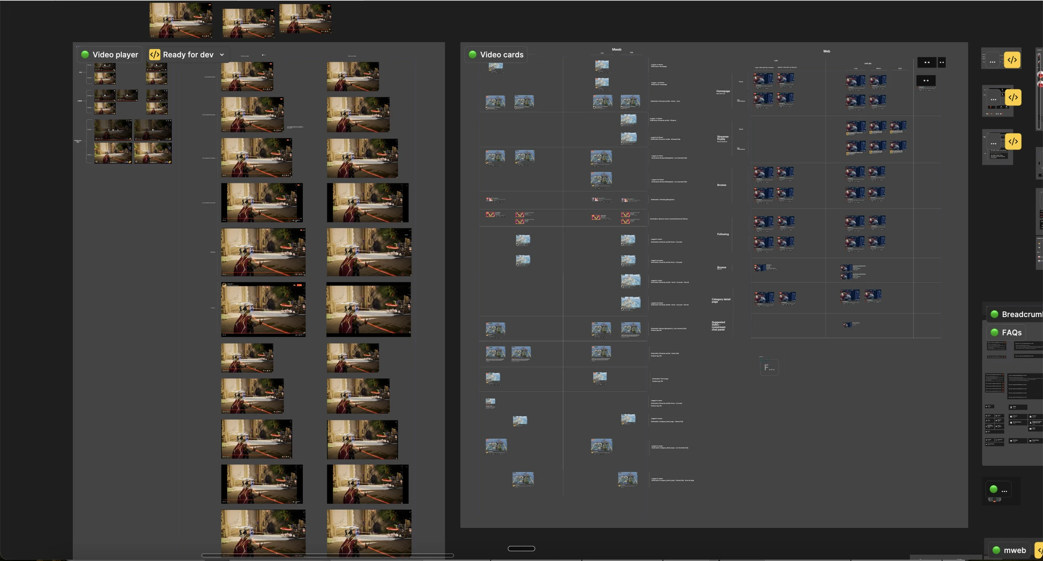 Figma canvas showing the video player and video card components, with every variant laid out across App, Mweb, and Web columns and marked ready for dev